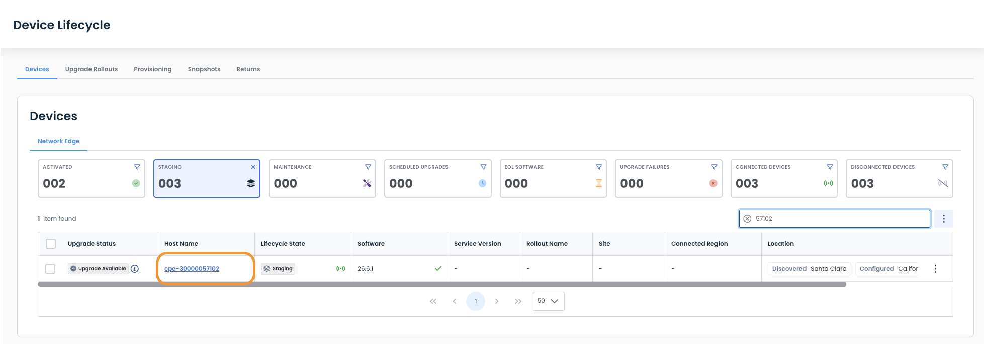 Device lifecycle management interface showing device statuses and upgrade options.
